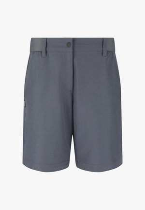 Mørkegrå, knælange afslappede shorts med knaplukning, bæltestropper og detaljer ved sidelommer.