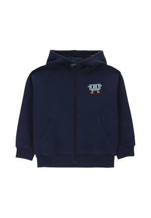 Granatowa dziecięca bluza z kapturem na zamek, z przednimi kieszeniami, ściągaczami na rękawach oraz pikselowym wzorem w kolorach niebieskim, białym i pomarańczowym na piersi.