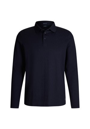 Polo à manches longues bleu marine avec un motif en losanges, col classique et patte de boutonnage à deux boutons. Texture douce et coupe décontractée.