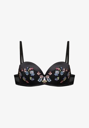 Sujetador negro acolchado con tirantes ajustables, con coloridos bordados florales en las copas y detalles de encaje.