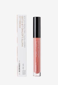 Korres Morello Matte Lasting Lip Fluid i en transparent förpackning med ett svart lock, som visar en mjuk rosa nyans, tillsammans med en vit låda.