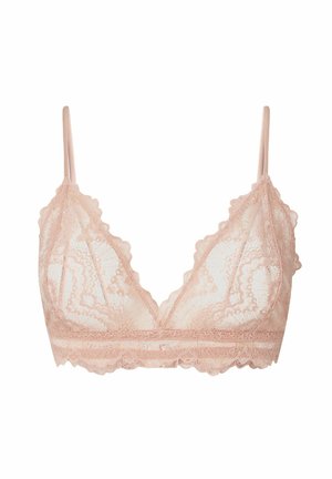 Lace bralette in zachtroze met gegolfde randen, verstelbare bandjes en een bloemenpatroon. Lichtgewicht stof met een transparante uitstraling.