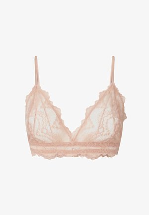 Bralette in pizzo rosa chiaro con bordi scallop, spalline regolabili e un motivo floreale. Tessuto leggero con un aspetto trasparente.