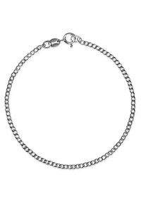 Silver chain bracelet with a lobster clasp. Features flat, interlocking links with a smooth, shiny finish and a minimal design.