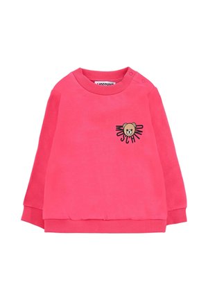 Roze sweatshirt met lange mouwen, ribgebreide boorden en kraag. Heeft een beerafbeelding op de borst met de merknaam in het zwart.