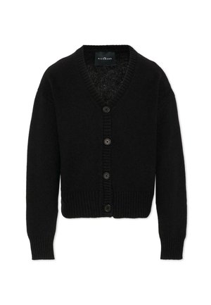 Cardigan nero a maglia con scollatura a V, sei bottoni frontali e polsini e orlo a costine. Texture morbida, design leggero e lunghezza cropped.