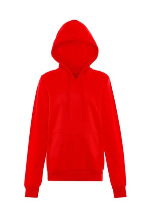 Sweat à capuche rouge à manches longues avec une poche avant et des cordons à la capuche, présenté sur un fond blanc.