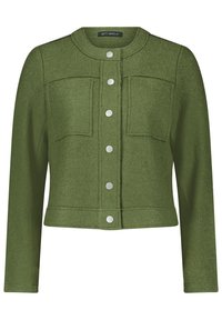 Green, cropped jacket with a textured fabric, round neckline, front button closure, and two chest pockets featuring metallic buttons.