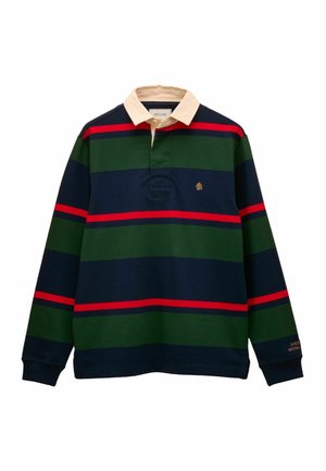 Langärmeliges Rugby-Shirt mit breiten horizontalen Streifen in Marineblau, Grün und Rot, beigen Kragen und kleinem goldfarbenem Logo auf der Brust und am Ärmel.