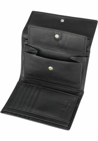 Black leather wallet with multiple card slots, a snap closure, and a textured interior. Compact design suitable for organized storage.