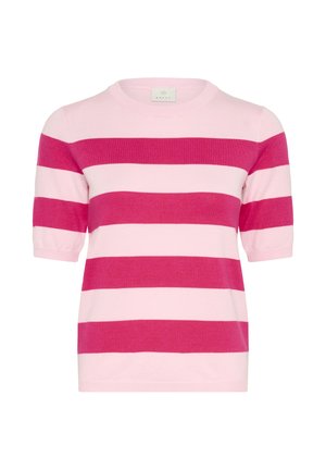 Trumpomis rankovėmis megztas viršus su pakaitomis plačiomis horizontaliomis juostomis rožinės ir tamsiai rožinės spalvų atspalviais, apvaliu kaklo iškirpimu.