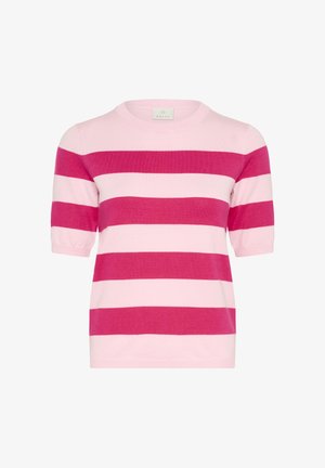 Trumpomis rankovėmis megztas viršus su pakaitomis plačiomis horizontaliomis juostomis rožinės ir tamsiai rožinės spalvų atspalviais, apvaliu kaklo iškirpimu.