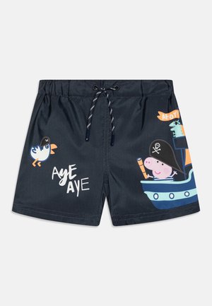 Marina badbyxor med elastiskt midjeband, prydda med en tecknad piratgris, en färgglad båt och en fågel. Texten lyder "Aye Aye" och "Ahoy!".