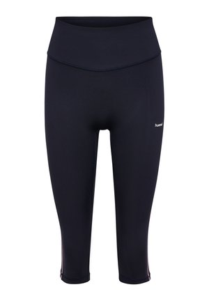 Schwarze kurze Sportleggings mit hohem Bund und kleinem weißem Logo am linken Oberschenkel.