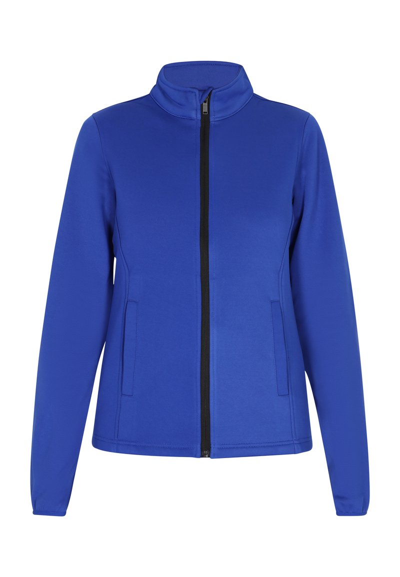 Giacca blu con colletto alto, chiusura a zip frontale, maniche lunghe e due tasche laterali. Realizzata in un tessuto liscio con un design elegante.