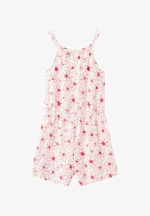 Combinaison short fleurie rose avec bretelles spaghetti réglables, dotée d'une taille élastique, fond blanc et motifs floraux roses épars.