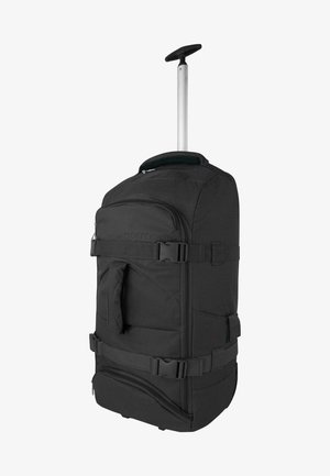 Schwarze Rollreisetasche aus strapazierfähigem Stoff, mit ausziehbarem Griff, verstellbaren Trägern und mehreren Reißverschlusstaschen.