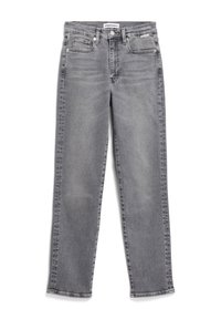 Grå denimjeans med rak passform, femfickorsdesign och subtila blekningar. Har ett varumärkesmärkt midjeband och metallknappstängning.
