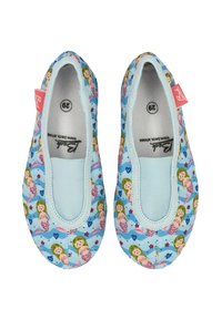 Kinder Schlupfschuhe in hellblau mit Meerjungfrau- und Herzmustern, Größe 29, mit elastischem Obermaterial für einfaches Anziehen.