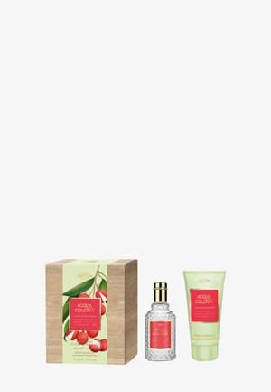 Acqua Colonia Lychee & White Mint Duftset mit strukturierter Glas-Sprühflasche, Duschgel-Tube und Illustration einer Litschi-Frucht auf der Verpackung.