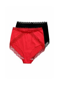 Rode en zwarte high-waisted onderbroek met kantafwerking, met een gladde textuur en een ingewikkelde golfrand op de tailleband.
