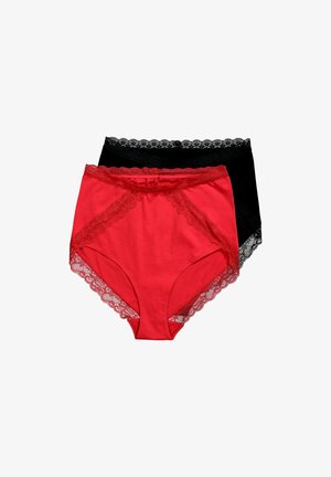 Mutandine a vita alta rosse e nere con dettagli in pizzo, caratterizzate da una texture liscia e un intricate bordo ondulato sull'elastico in vita.