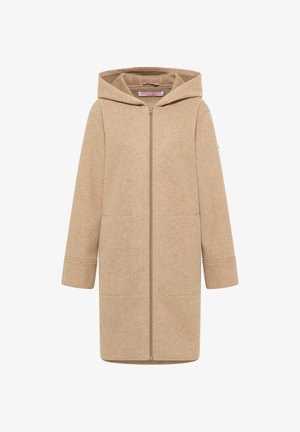 Beżowy płaszcz z kapturem, z zamkiem błyskawicznym z przodu, długimi rękawami, dwiema bocznymi kieszeniami, miękką strukturą i prostym krojem. Posiada logo na rękawie.