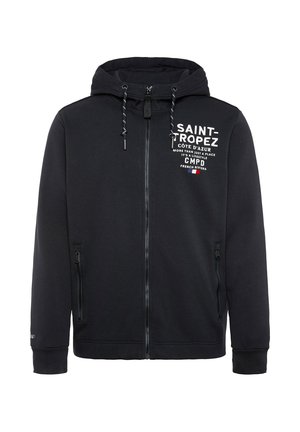 Schwarzer Kapuzenpullover mit Reißverschluss und Kordelzug, ausgestattet mit Fronttaschen und weißem Textdruck. Hergestellt aus weichem Stoff, bietet er eine reguläre Passform und gerippte Bündchen.