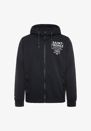 Schwarzer Kapuzenpullover mit Reißverschluss und Kordelzug, ausgestattet mit Fronttaschen und weißem Textdruck. Hergestellt aus weichem Stoff, bietet er eine reguläre Passform und gerippte Bündchen.