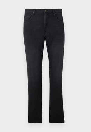 Svarte dratt-benet jeans med frontlommer og knappelukking, vist flatt på en hvit bakgrunn.