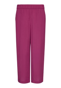 Pantalons magenta à taille élastique, coupe ample, longueur cheville, avec des jambes droites et une texture de tissu lisse.