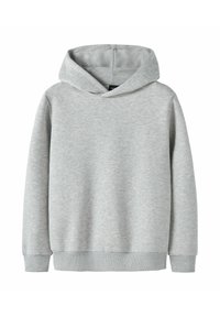 Sweatshirt à capuche gris clair avec des manches longues, des poignets et un ourlet côtelés, présenté sur un fond blanc.