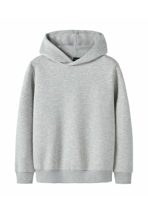 Hellgrauer Kapuzenpullover mit langen Ärmeln, gerippten Bündchen und Saum, vor einem weißen Hintergrund präsentiert.