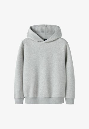 Lichtgrijze hoodie met lange mouwen, ribbels aan de manchetten en zoom, weergegeven tegen een witte achtergrond.
