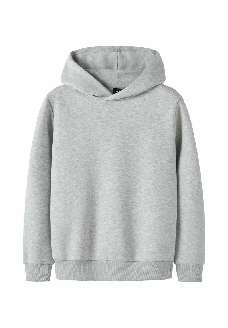 Sweatshirt à capuche gris clair avec des manches longues, des poignets et un ourlet côtelés, présenté sur un fond blanc.