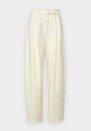 Plissierte, hoch taillierte Hose aus leichtem Creme-Stoff. Verfügt über einen geraden Schnitt und eine glatte Textur. Keine Taschen oder sichtbare Beschläge.