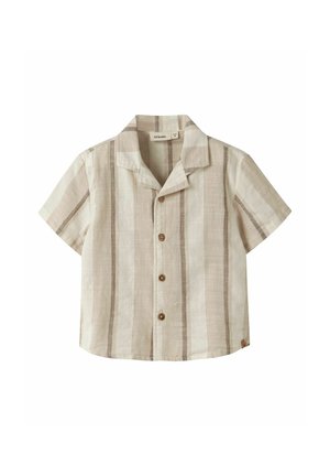 Camicia a maniche corte con bottoni, a righe verticali beige e marroni e colletto alla camicia hawaiana.