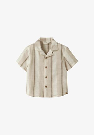 Lühikeste varrukatega nööpidega särk beežil ja pruunil vertikaaltriipudega ning laua kraega.