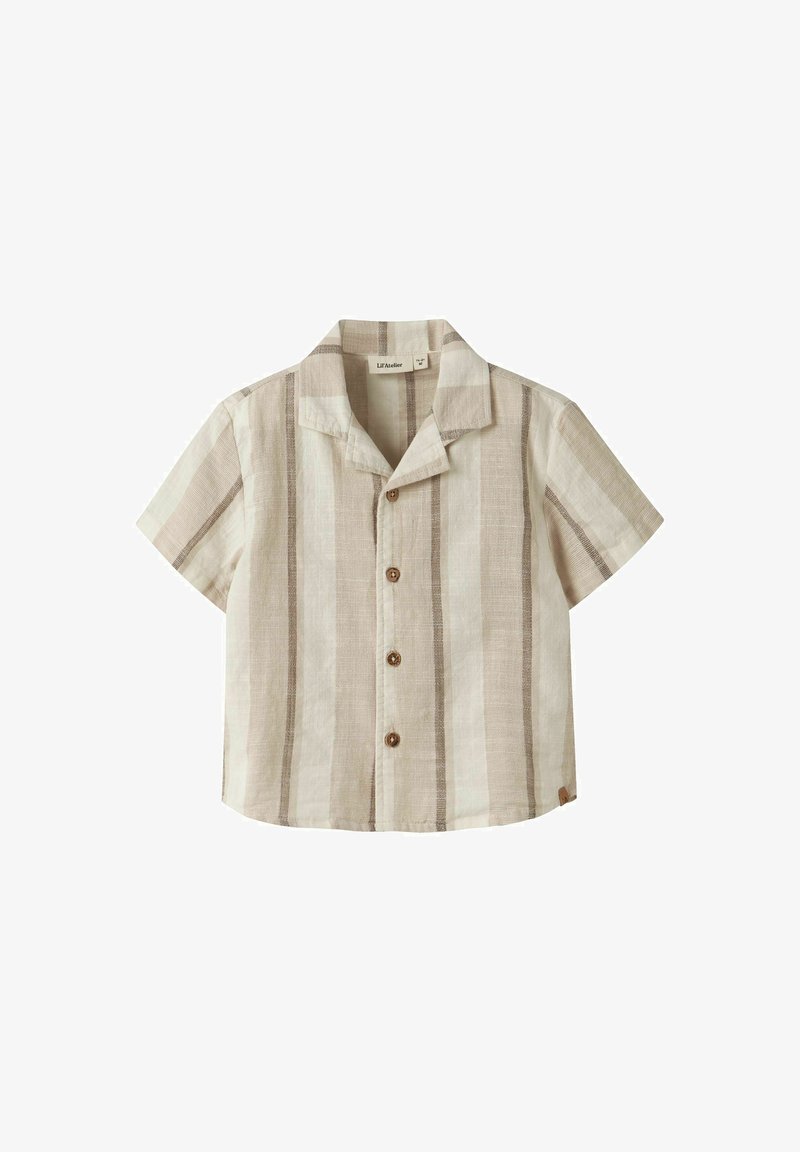 Košile s krátkým rukávem, zapínáním na knoflíky, béžovými a hnědými svislými pruhy a límečkem typu camp collar.