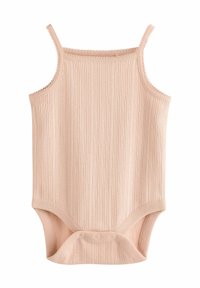 Body rosa chiaro a coste con spalline sottili, dotato di scollatura a ondine e chiusure a scatto sul fondo per una facile vestibilità.