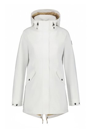 Veste imperméable blanche avec capuche, dotée d'une fermeture éclair à l'avant, de deux poches latérales, d'un ourlet réglable et d'une doublure beige. Design minimaliste.