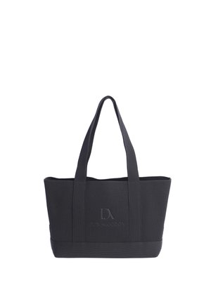 Bolsa tote de tela negra con asas para el hombro y logo en relieve "Don Algodon" en el frente.