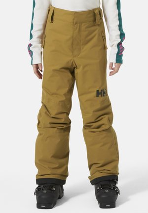 Pantalones de esquí en marrón dorado, hechos de material impermeable, cuentan con una cinturilla ajustable y detalles del logo. Incluyen puños para botas y bolsillos.