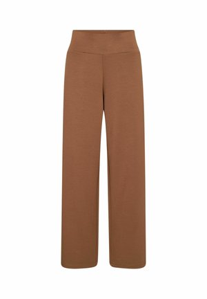 Braune, weit geschnittene Hosen mit hoher Taille und ohne sichtbare Taschen oder Verzierungen, auf weißem Hintergrund dargestellt.