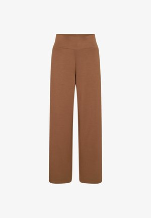 Braune, weit geschnittene Hosen mit hoher Taille und ohne sichtbare Taschen oder Verzierungen, auf weißem Hintergrund dargestellt.