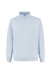 Pull léger bleu clair avec un col à demi-zip, des manches longues et un ourlet côtelé. Présente un logo discret sur la poitrine et un tissu texturé.
