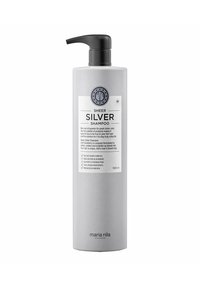 Grijze plastic fles van Sheer Silver Shampoo met een zwarte pomp, een witte label met productdetails en een indicatie van 1000 ml inhoud.