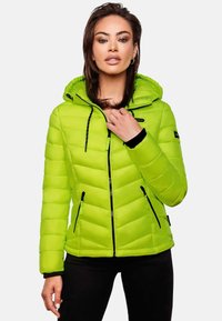 Bright green puffer jacket with a hood, featuring black accents, zippered pockets, and a quilted design. Material is smooth and shiny.