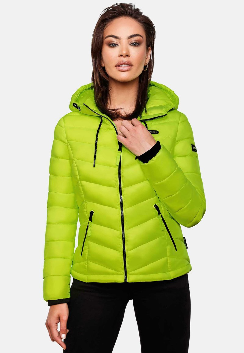 Bright green puffer jacket with a hood, featuring black accents, zippered pockets, and a quilted design. Material is smooth and shiny.