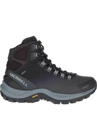 Scarpa da trekking nera con tomaia in mesh e sintetico, suola grigia, occhielli metallici e suola in Vibram per durabilità e grip.